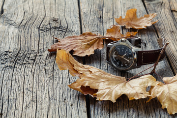 Fall leaf and watch. Seasoning Daylight savings time concept