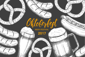 Oktoberfest vintage background. Beer festival design. Vector Hand drawn beer glass with sausage, hot dog and pretzel on black. Hand made lettering. Sketch. Banner, flyer, brochure, web. Advertising. 