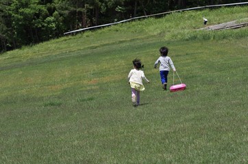 Fototapeta premium 夏の草原でそり遊びをする子供たち