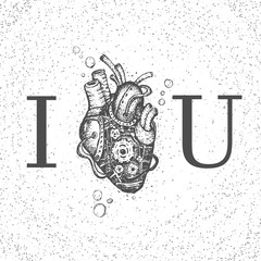 Illustration mechanical heart. Hand drawn vintage vector. Steampunk style.
