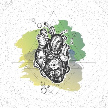 Illustration mechanical heart. Hand drawn vintage vector. Steampunk style.