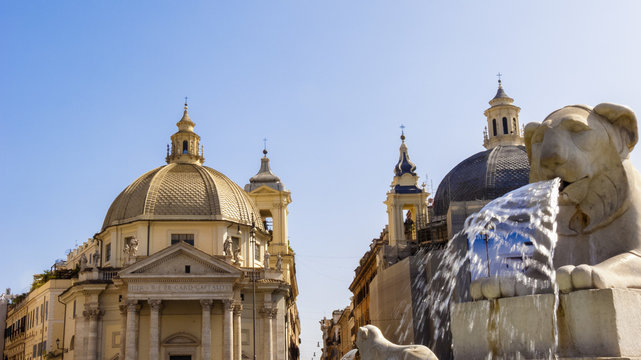 Lions, fountain, Piazza del Popolo, Rome, Italy