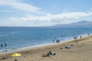 Tenerife, Spain, beach, palms and peoples. 2015