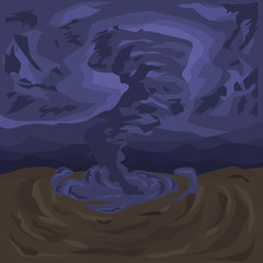 A terrifying tornado against the background of a dark sky covered with storm clouds