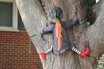 Halloween, ornamental witch depicting flying into a tree.