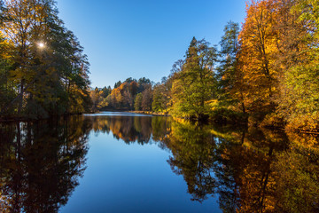 Fototapeta na wymiar Lake with the sun in autumn
