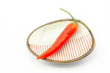 Red chilli on a small plate, isolated against white background