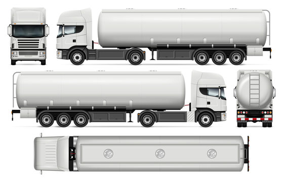 Tanker truck vector mock-up for car branding and advertising. Elements of corporate identity. Tank truck trailer template on white. All layers and groups well organized for easy editing and recolor. 
