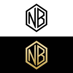 initial letters logo nb black and gold monogram hexagon shape vector