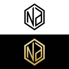 initial letters logo nd black and gold monogram hexagon shape vector