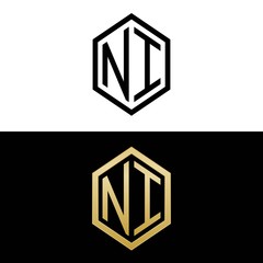 initial letters logo ni black and gold monogram hexagon shape vector