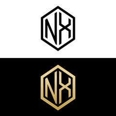 initial letters logo nx black and gold monogram hexagon shape vector