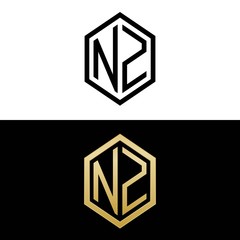 initial letters logo nz black and gold monogram hexagon shape vector