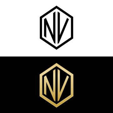 initial letters logo nv black and gold monogram hexagon shape vector