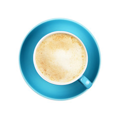 Full cappuccino latte coffee in blue cup isolated