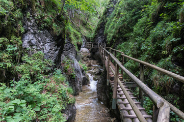 Fototapeta na wymiar Wooden path running along the cliff and over the river gorge