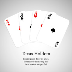 Four Aces Poker Cards. Texac Holdem. Vector Illustration on white background for casino banner, flyer.