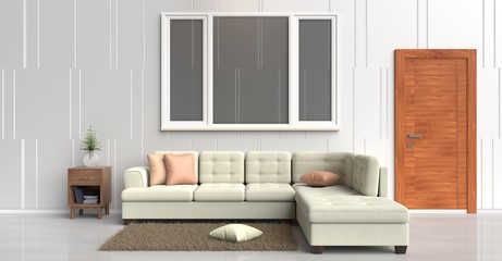 White room decorated with cream sofa,tree in glass vase, orange pillows, Blue book, Wood bedside table,Wood door, Window,Carpet,White cement wall it is pattern, white cement floor. 3d rendering.