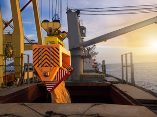 Raw sugar bulk is loading in hold's vessel by rotainer.
