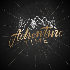 Fototapeta na wymiar Vintage label with textured mountain, forest and lettering - Adventure. retro emblem. Isolated on chalk board.