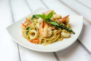 Spaghetti with shrimps, italian cuisine, Spaghetti with Seafood