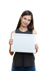 Woman hold white paper banner isolated over white background business girl