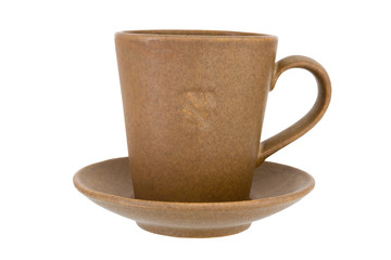 ceramic mug with ceramic plate brown colour on white background