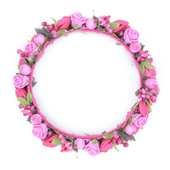 round wreath with pink roses isolated on white