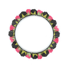 round wreath with pink and black roses isolated on white