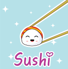 Chopsticks holding cute cartoon sushi roll.