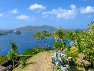 Spectacular overlook of bay of Anse du Bourg in Terre-de-Haut from the famous Fort Napoleon, Archipelago of Les Saintes, 15 kilometers from Guadeloupe, Antilles, Caribbean.