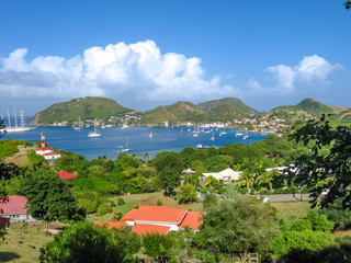 Spectacular overlook of bay of Anse du Bourg in Terre-de-Haut, considered the third bay in the world for beauty. Archipelago of Les Saintes, 15 kilometers from Guadeloupe, Antilles, Caribbean.