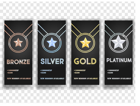 Set of black vector banners with Gold , Platinum ,Silver and Bronze stars, medal, achievement