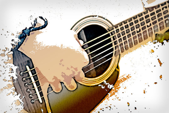 Abstract Guitarist in the foreground. Close up, Watercolor paint