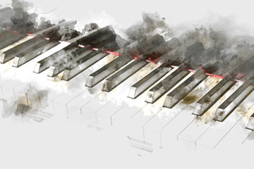 Piano keyboard on watercolor painting background. 