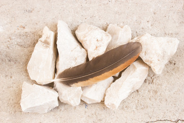 Brown feather on white stones on a concrete background