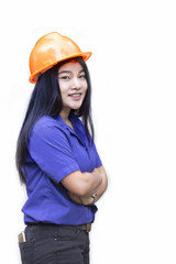 Portrait of beautiful  engineer on white background.