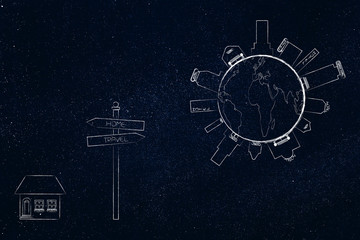 road sign Stay Home or Go Travel, residential house on one side and globe with hotels on the other
