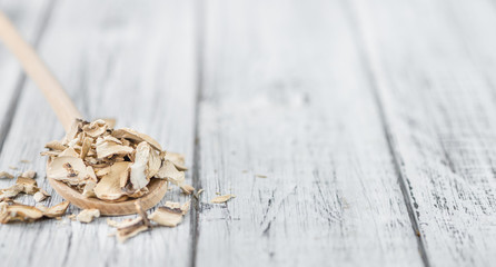 Dried white Mushrooms selective focus
