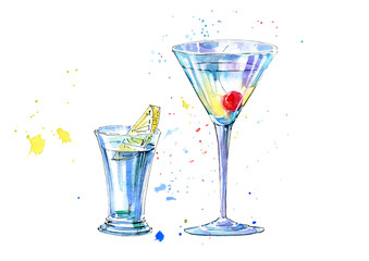 Vodka with lemon and martini with cherry.Picture of a alcoholic drink.Watercolor hand drawn illustration.Isolated sketch.