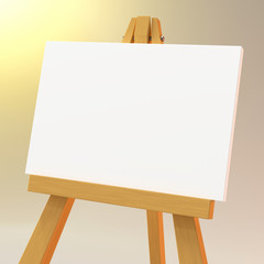 Close up on a wooden easel with a white canvas. 3d illustration