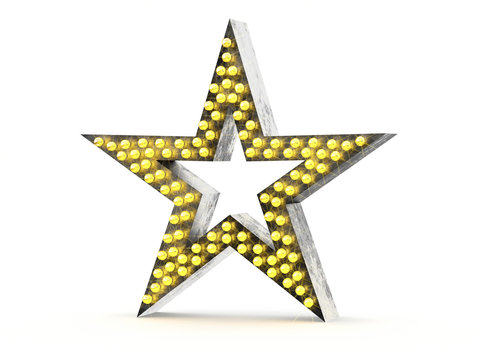 Retro metallic star with light bulbs on white background. 3d illustration