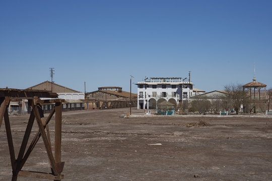 Town square and theatre in the derelict nitrate mining town of Chacabuco in the Atacama Desert of northern Chile