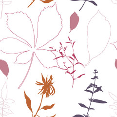 Floral vector seamless pattern with wild flowers, chestnut tree leaves and herbs.