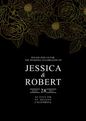 Save the date, wedding celebration invitation card template with romantic flowers. Vector illustration.Black and gold line illustrations