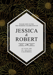 Save the date, wedding celebration invitation card template with romantic flowers. Vector illustration.Black and gold line illustrations