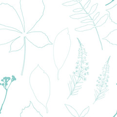 Floral vector seamless pattern with wild flowers, chestnut tree leaves, leaves and dry grass branches.
