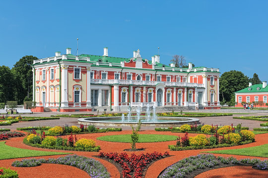 Kadriorg Palace and flower garden with fountain in Tallinn, Estonia. Kadriorg Palace is a Petrine Baroque palace built for Catherine I of Russia by Peter the Great in 1718-1727.