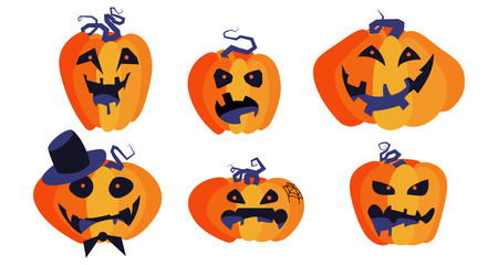 Scary pumpkins halloween set, isolated on white background