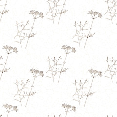 Vector floral seamless pattern with wild meadow  herbs . Thin delicate line silhouettes in small bouquets on geometric background.